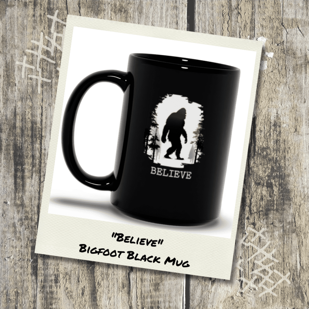 Bigfoot silhouette on black mug