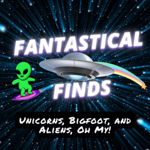Fantastical Finds set against a UFO against warping stars background and an alien surfing